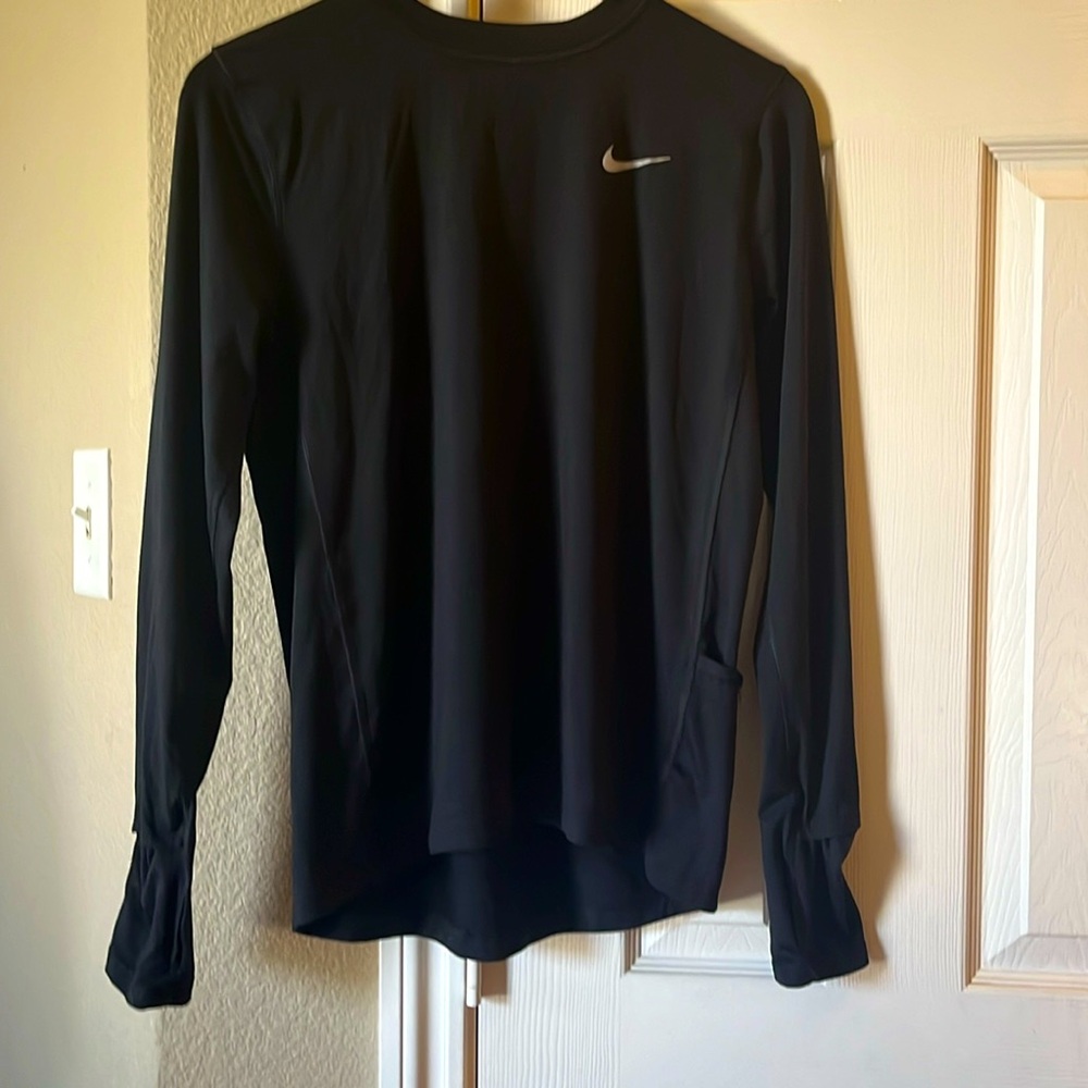 Nike Dri-Fit Running Shirt Size Small Black Long Sleeve With Pocket+Hand Warmer